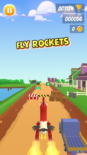 Lopi the rooster flying on rockets