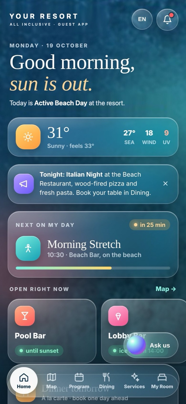 Home screen with today's weather, tonight's event and what's next