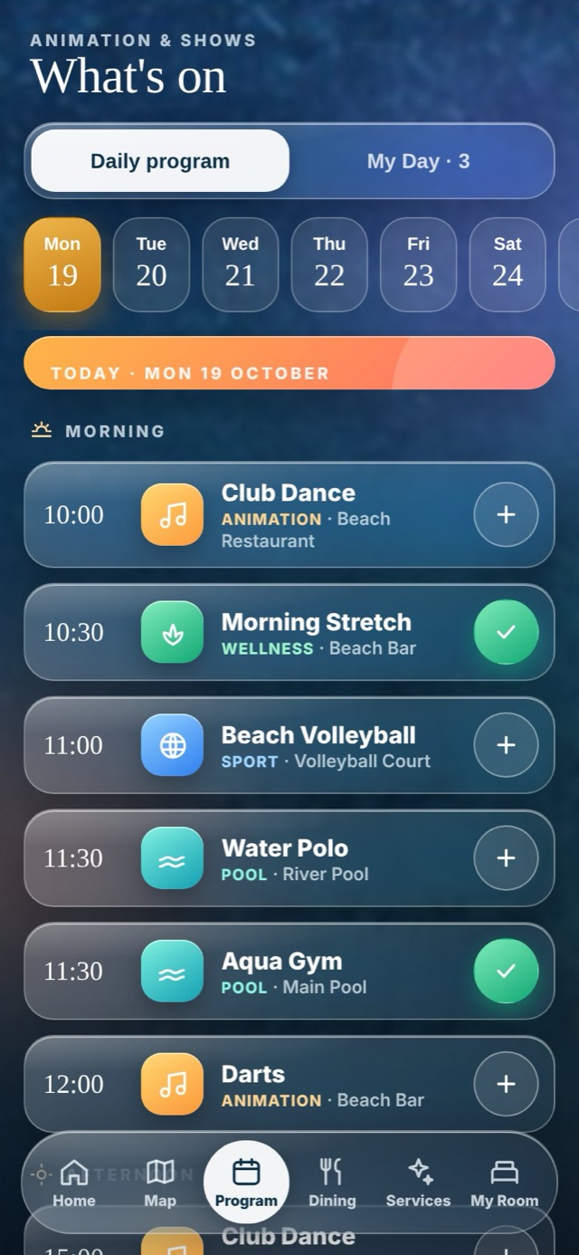 Daily programme screen with activities and reminders